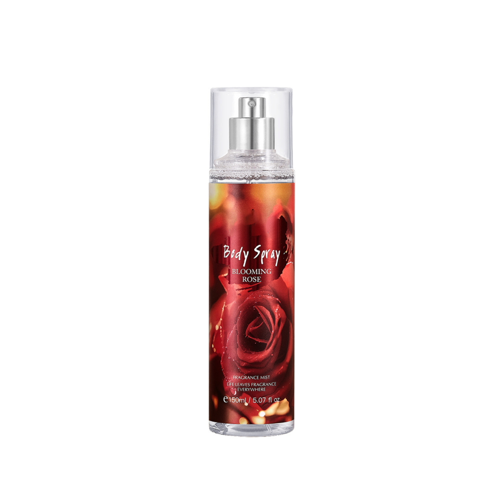 Blooming roses, fragrance spray, light floral and fruity scent.