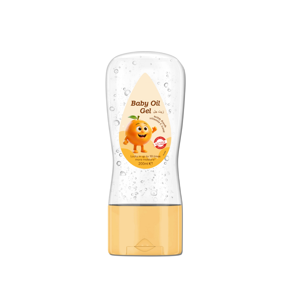 Baby Oil Gel, contains Vitamin C, locks in 10 times more moisture, gentle formula.