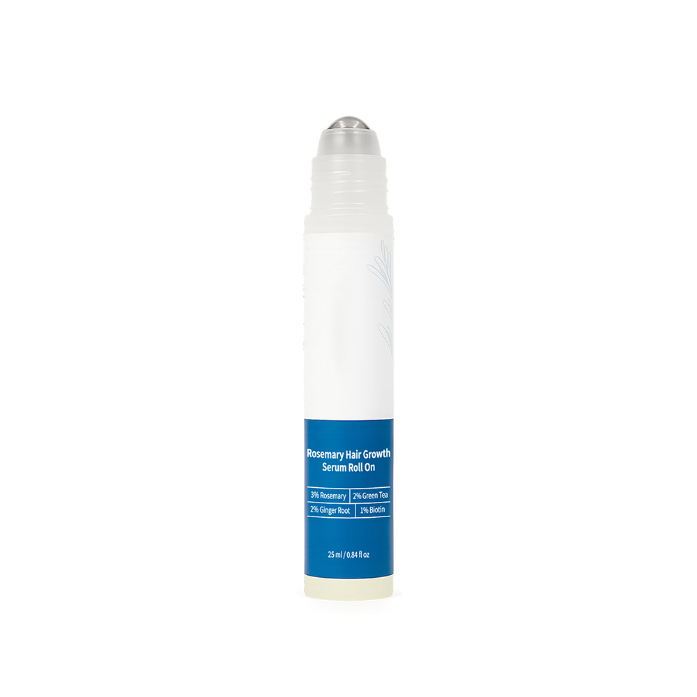 Rosemary hair growth serum rollerball, containing rosemary, ginger root, and biotin.