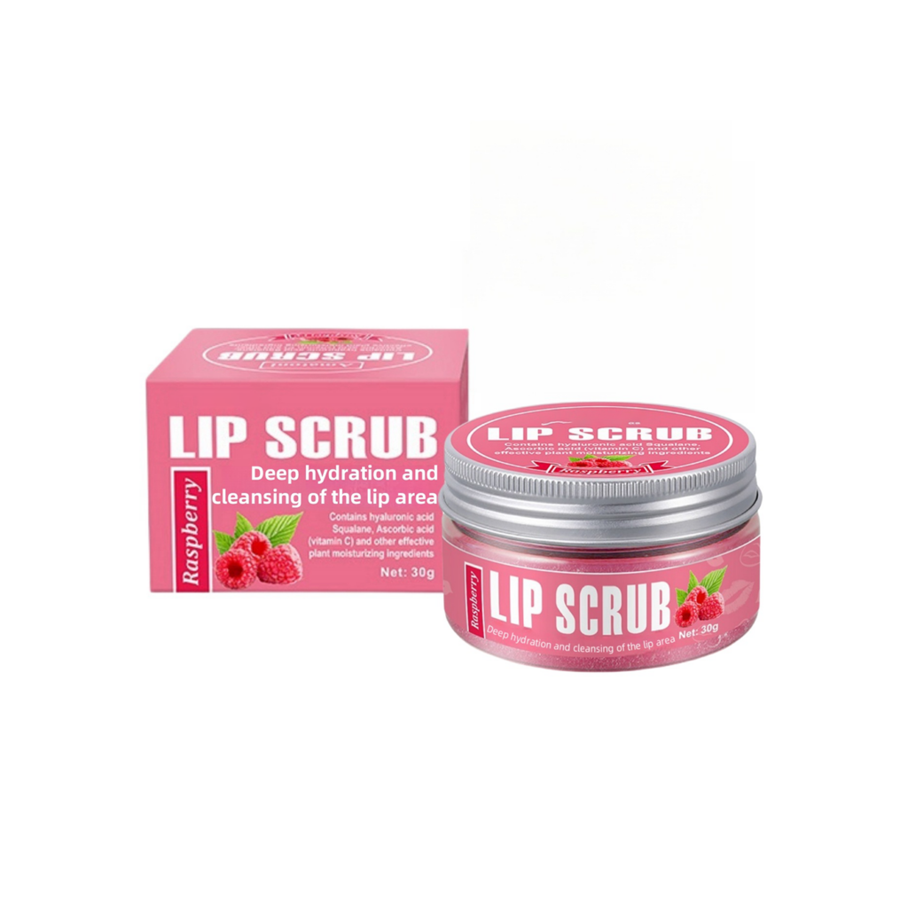 Raspberry-flavored lip scrub, containing squalane and vitamin C.