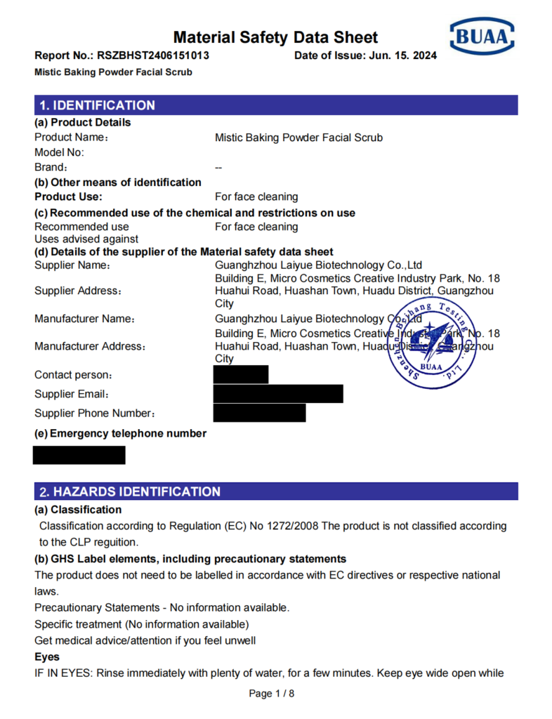 Safety Documentation Proof | MSDS (SDS) for Mistic Baking Powder Facial Scrub