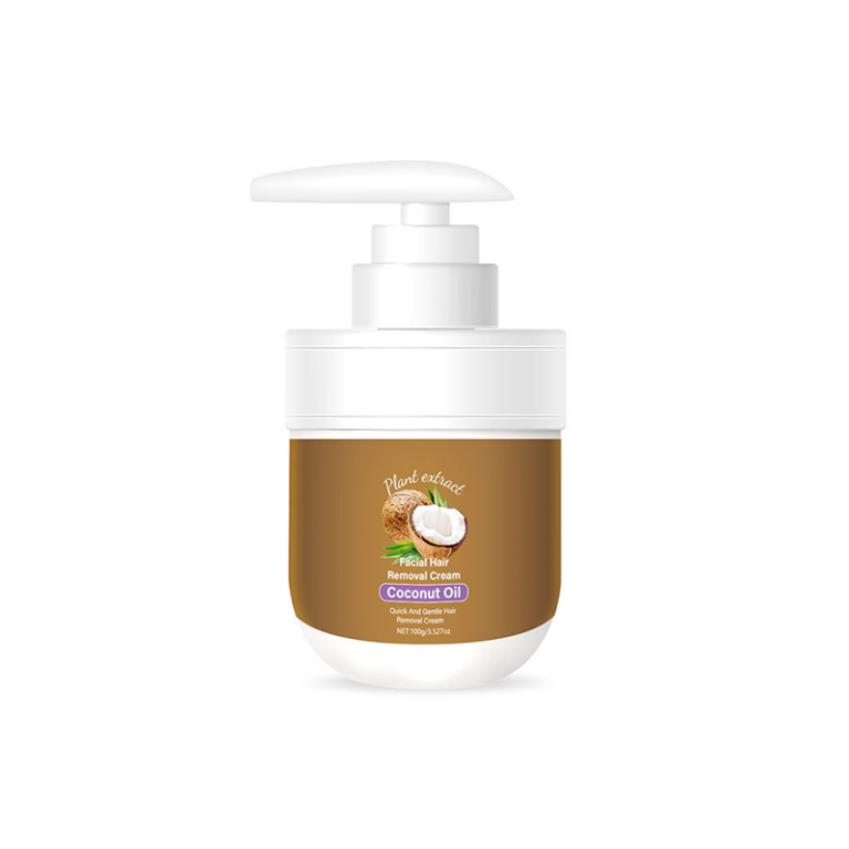 Coconut oil facial hair removal cream, with plant extracts.