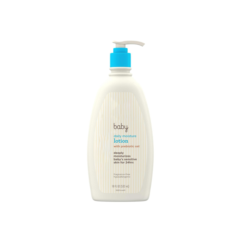 Daily moisturizing lotion for babies, containing prebiotic oats.
